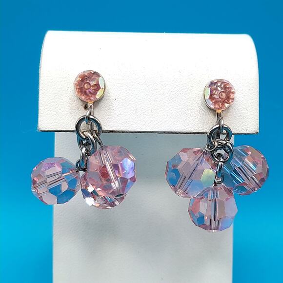 Vintage Light Pink Crystal Earrings, Clip Clasps, Silver Tone - Picture 1 of 8